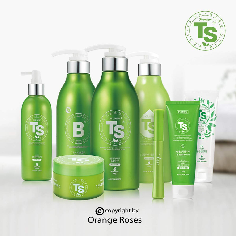 TS SHAMPOO bottle with pump in use for even application.