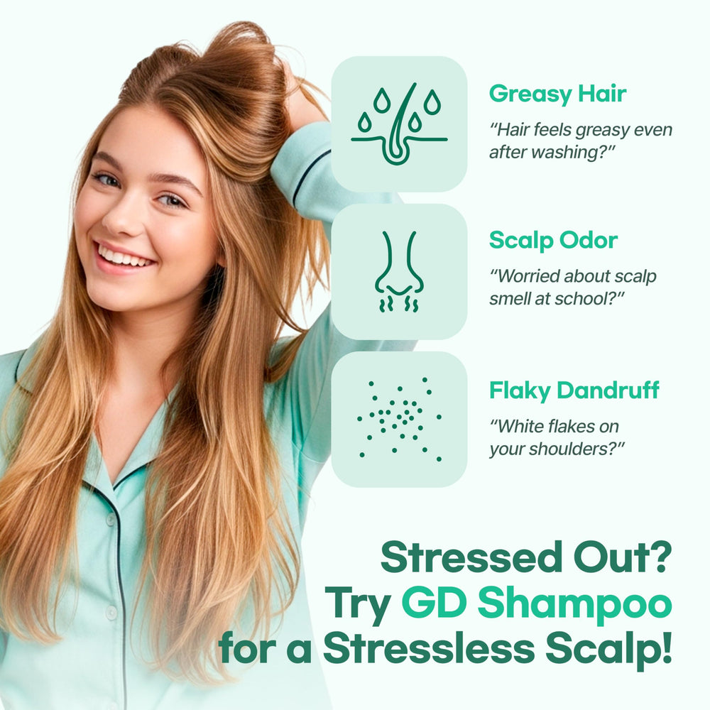 TS SHAMPOO dandruff-odor-itch closeup, keeps scalp feeling fresh.