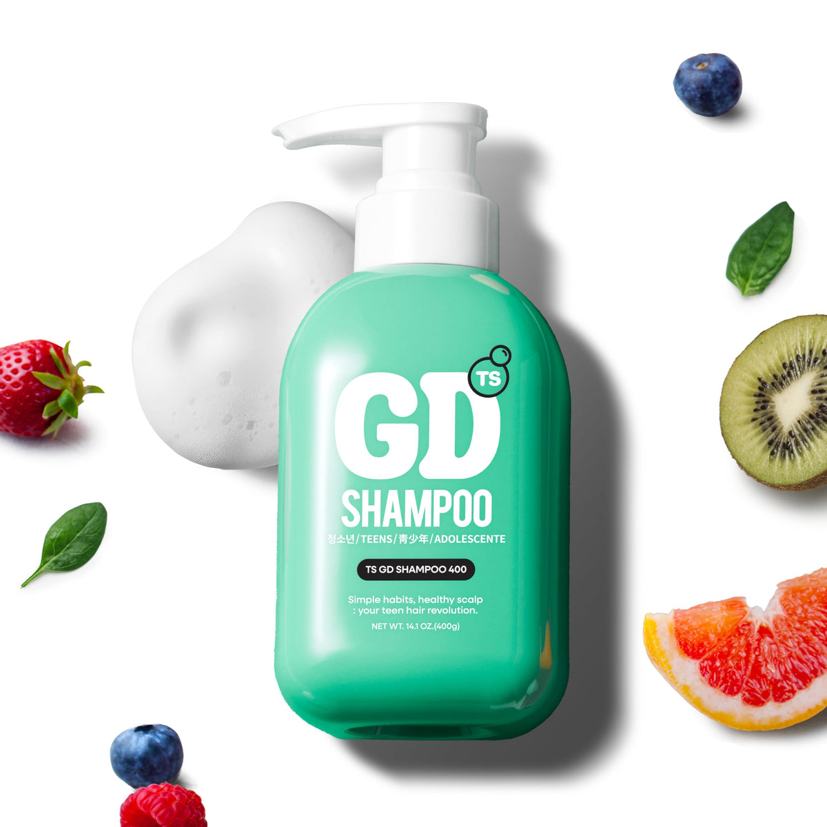 TS SHAMPOO green bottle pour, gentle cleanse for sensitive teen scalps.