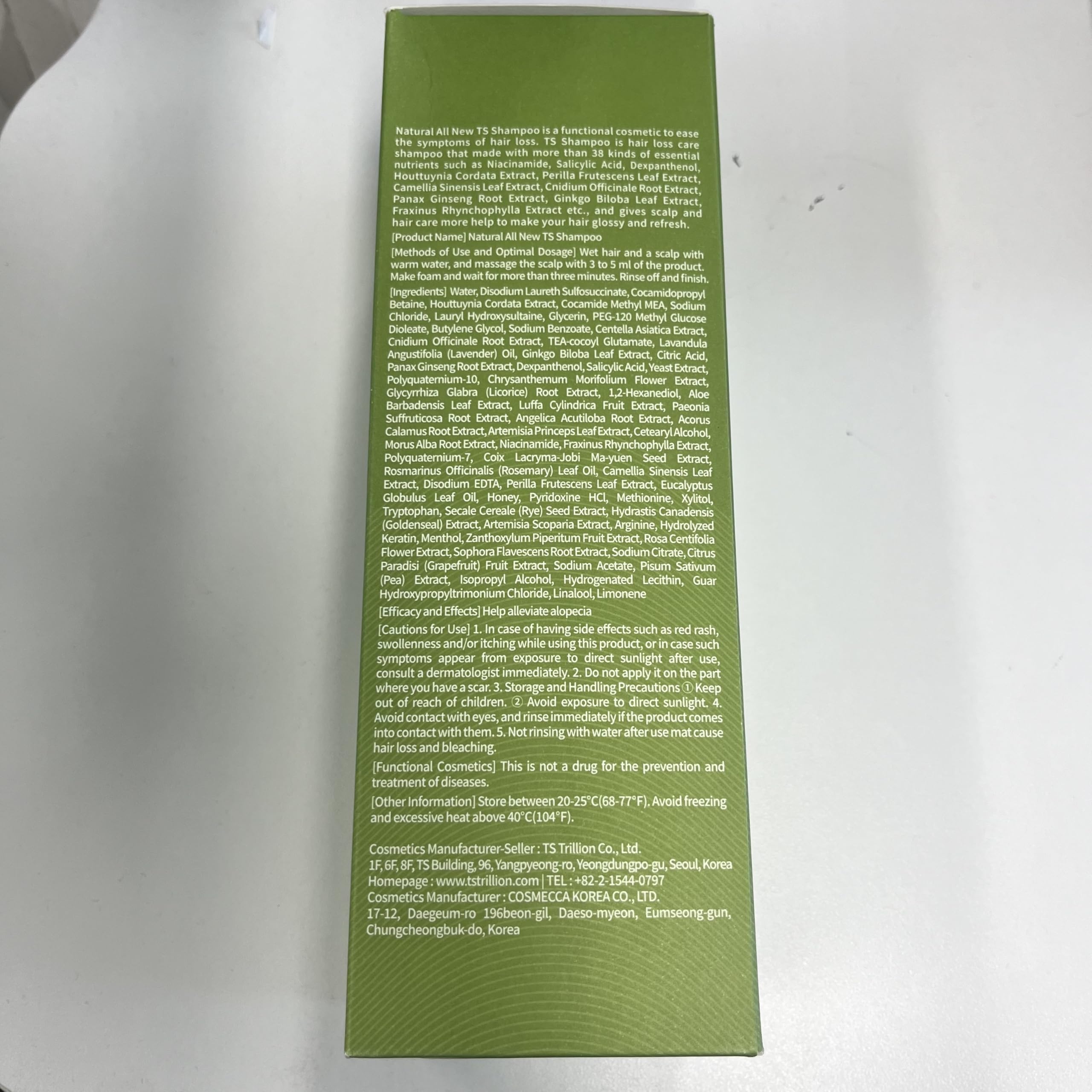 TS SHAMPOO packaging side view signals premium formulation.