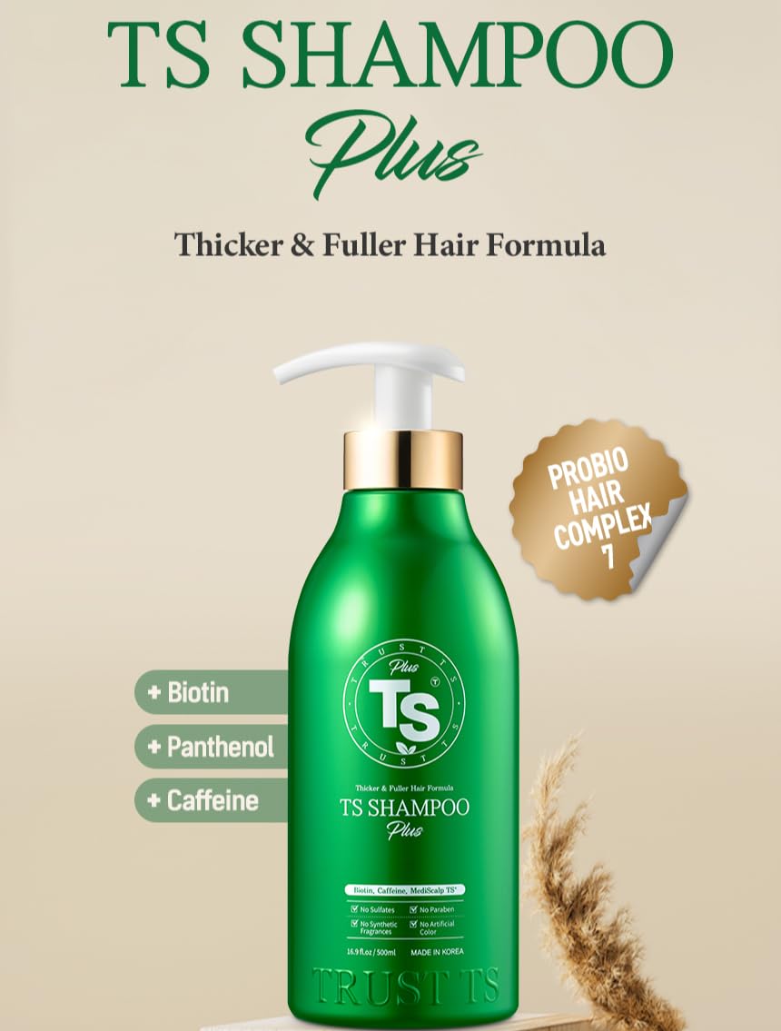 TS Shampoo Plus ingredients panel highlighting Biotin, Panthenol, and caffeine for vitality.