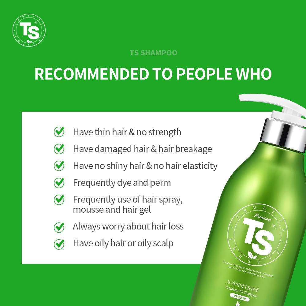 TS SHAMPOO premium bottle back label emphasizing 30 active ingredients.