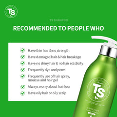 TS SHAMPOO premium bottle back label emphasizing 30 active ingredients.