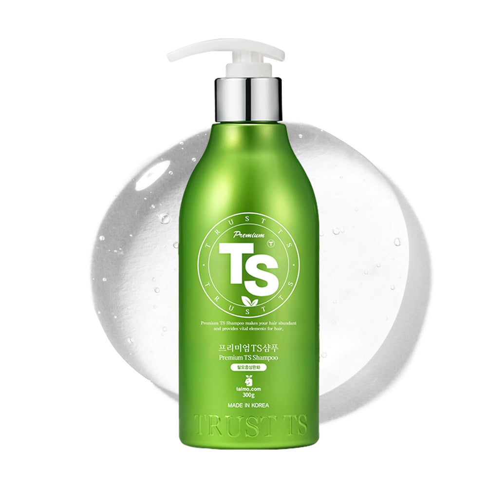 TS SHAMPOO Premium bottle pour showing easy daily use for scalp care.
