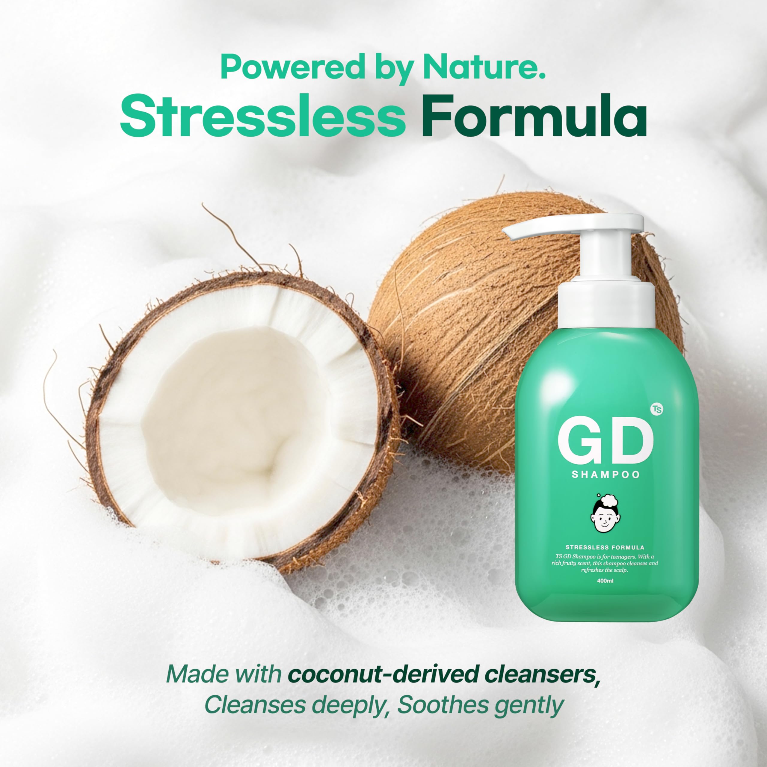 TS SHAMPOO SLS/SLES-free formula illustration, gentle on delicate teen hair.