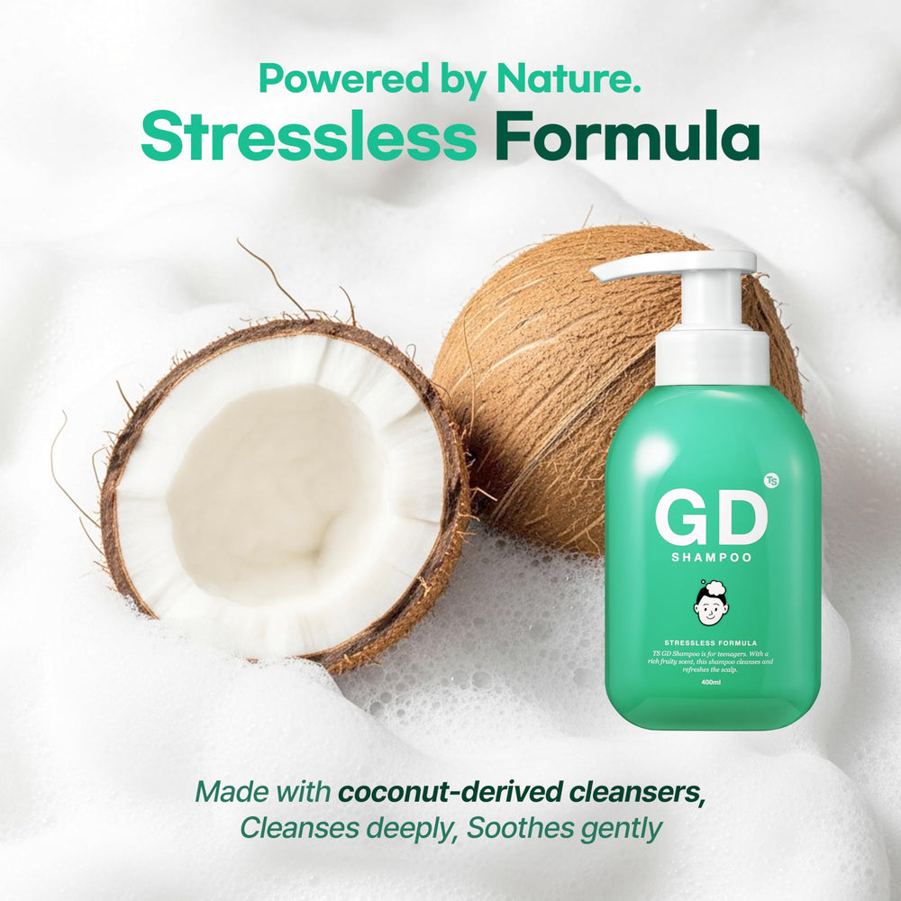 TS SHAMPOO SLS/SLES-free formula illustration, gentle on delicate teen hair.