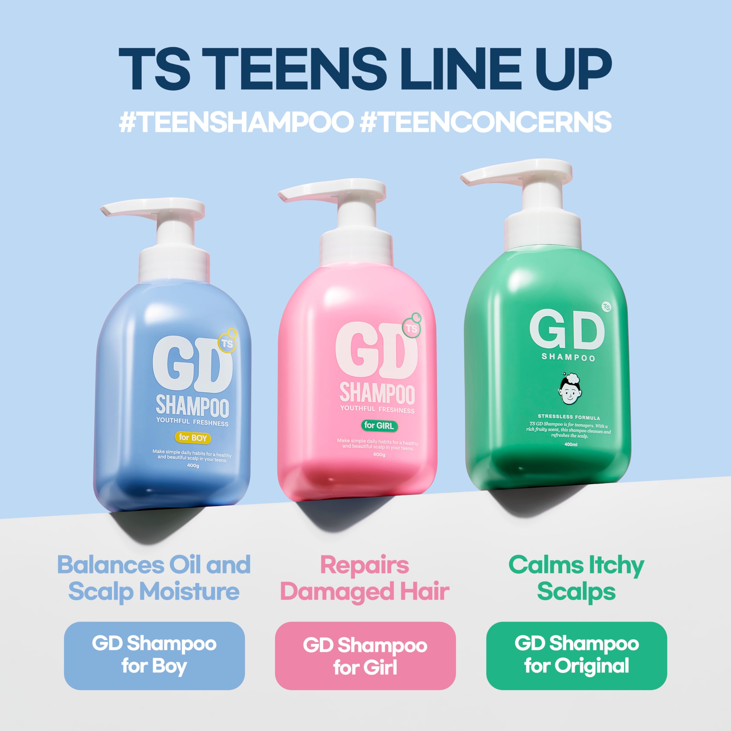TS SHAMPOO teen-daily-routine bottle blue fits busy school days.