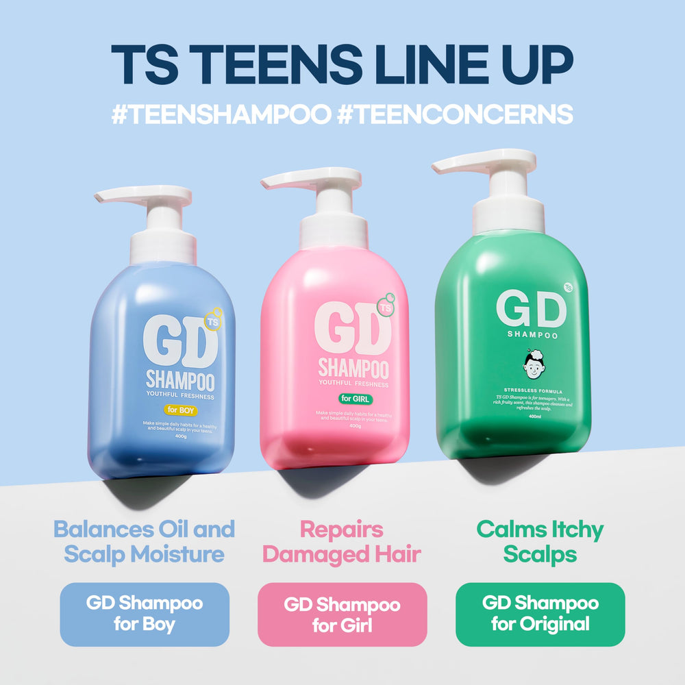 TS SHAMPOO teen-daily-routine bottle blue fits busy school days.