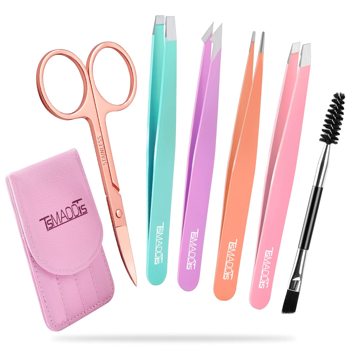 TsMADDTs 6pc tweezer set in bright colors for precise brow shaping on the go
