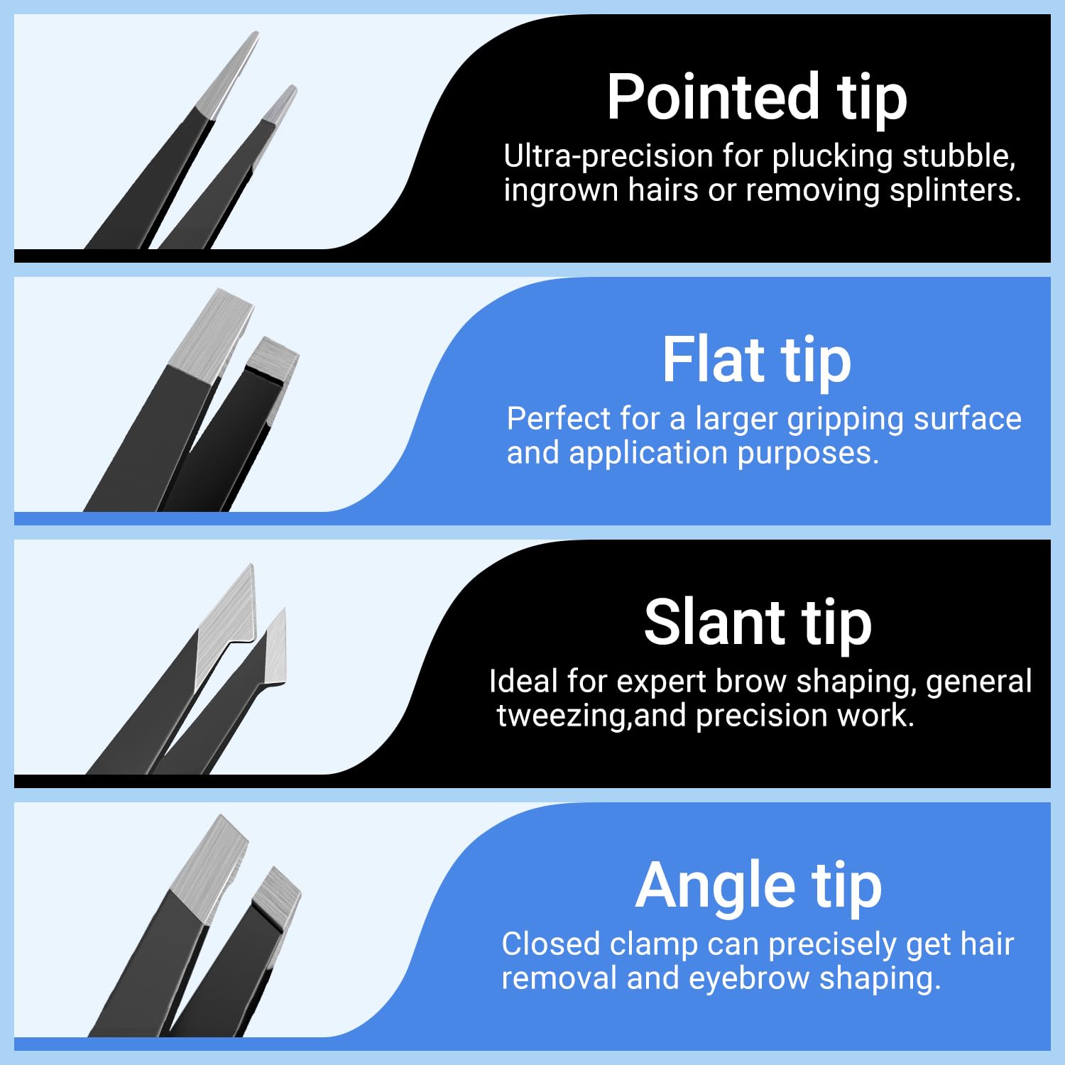 TsMADDTs pointed tweezers ready for precise hair removal and brow shaping.