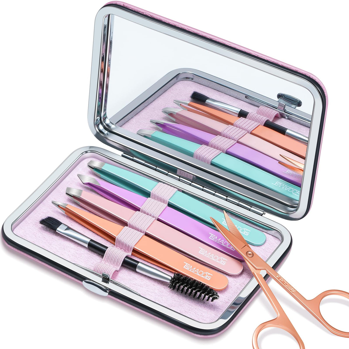 TsMADDTs tweezers with mirror travel case for on-the-go grooming.