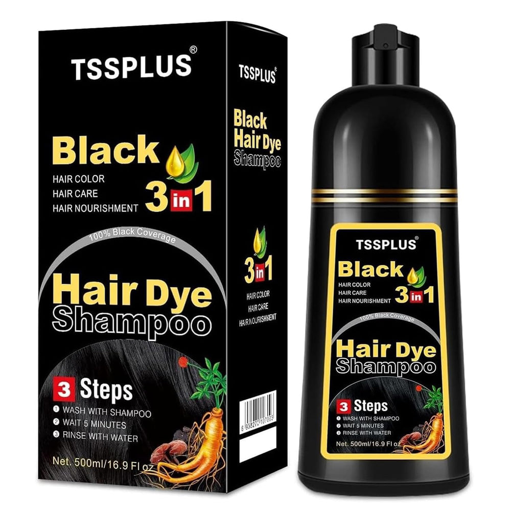 TSSPLUS Black Hair Dye Shampoo bottle for at-home color convenience.