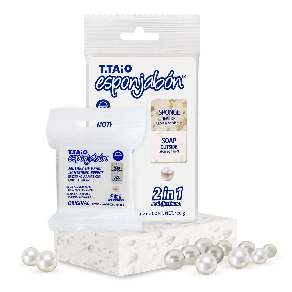 T.TAIO Mother of Pearl Esponjabon sponge for gentle cleansing.
