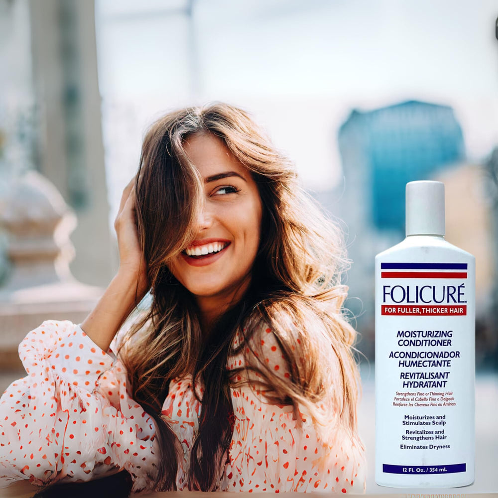 Tu Salud Plus Folicure Conditioner hair shine closeup showcases healthy-looking locks.