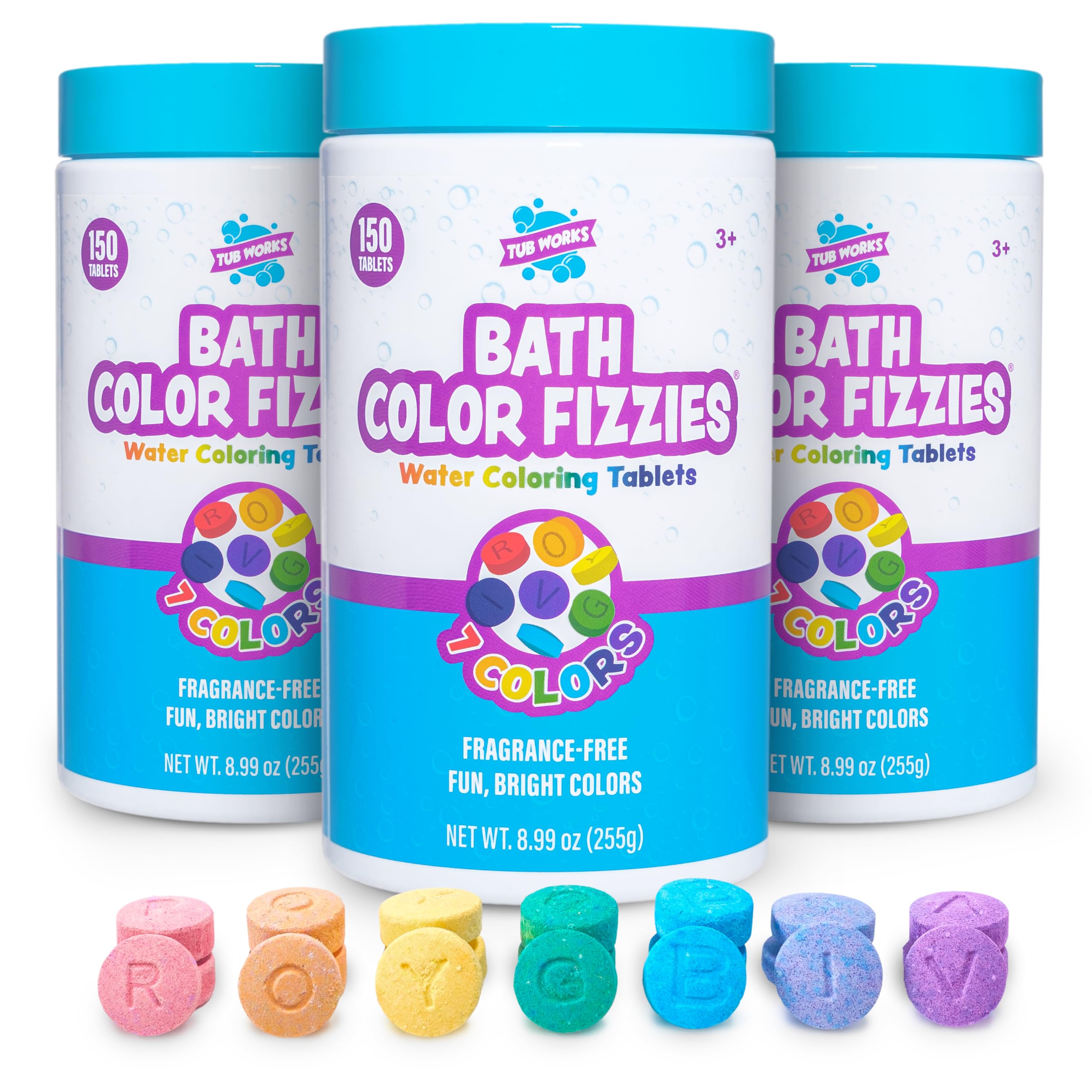 Tub Works Bath Color Fizzies 150-count canisters provide vibrant, kid-friendly bath color.