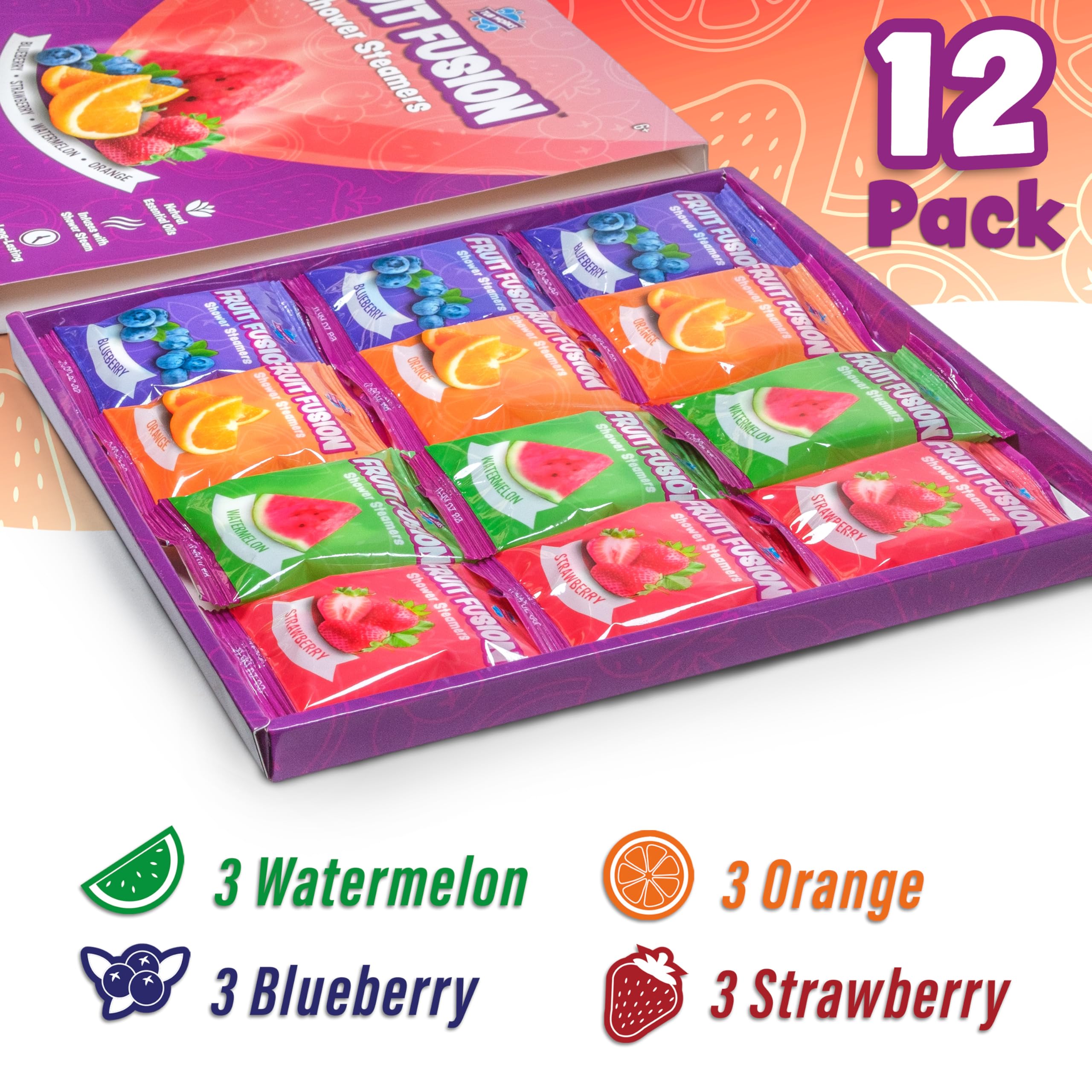 Tub Works Fruit Fusion assorted pack shows 12 individually wrapped steamers for kid-friendly aromatherapy.