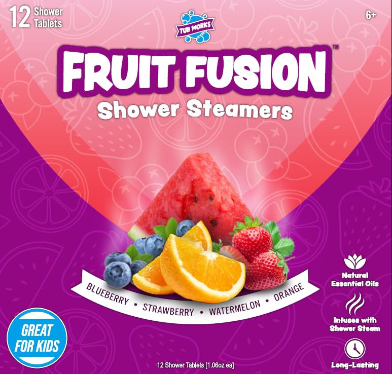 Tub Works Fruit Fusion bathroom scene shows a fruity aromatherapy setup for kids.