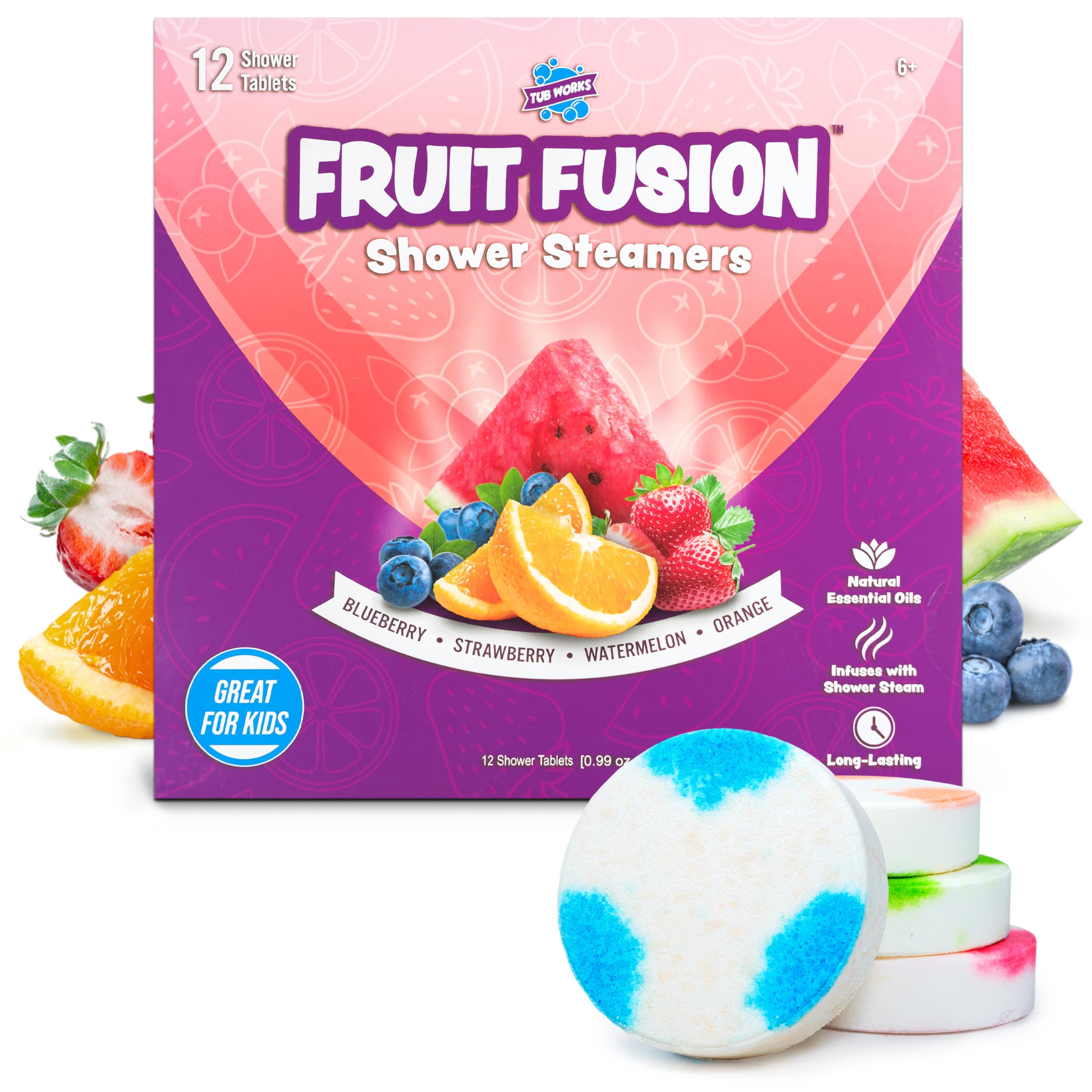 Tub Works Fruit Fusion blueberry shower steamer for kids delivering fruity aroma and mood lift.