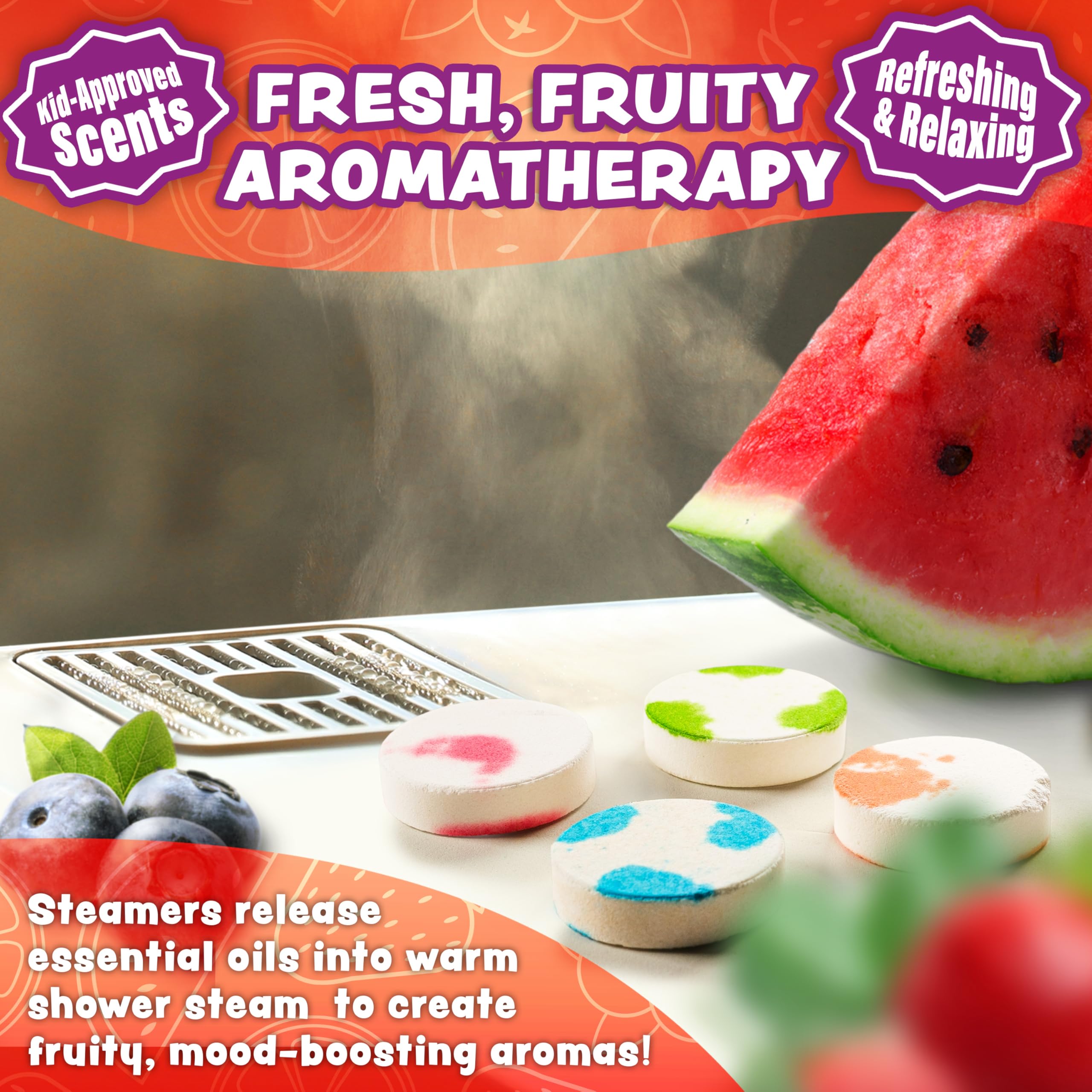 Tub Works Fruit Fusion strawberry shower steamer offers playful scent for kids' mornings.