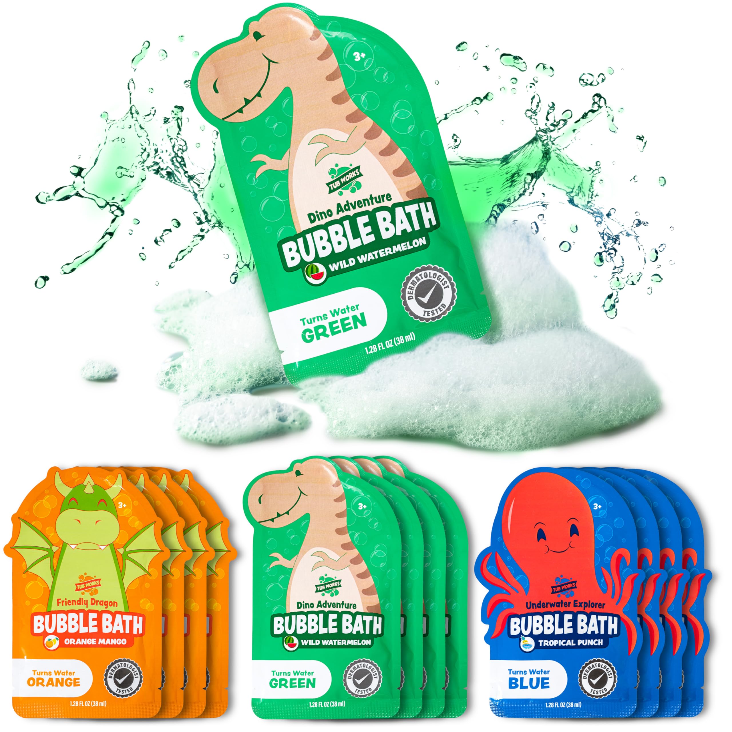 Tub Works Magical Kids Bubble Bath Dino Adventure green with vibrant bubbles for imaginative play.
