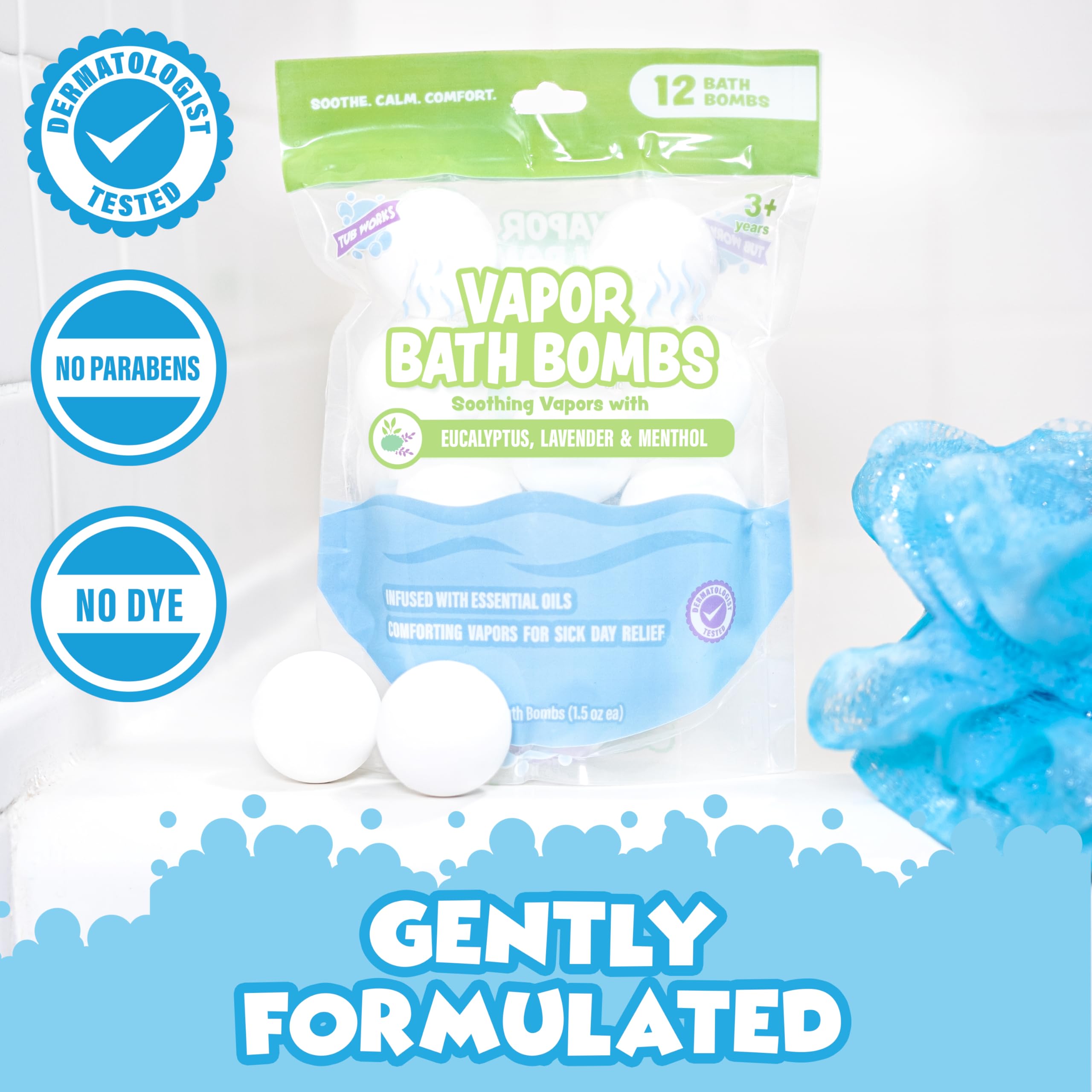 Tub Works Vapor Bath Bombs foaming in water with aromatherapy blend