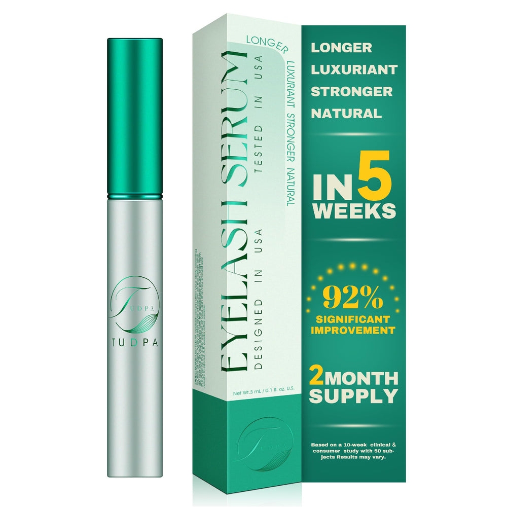 TUDPA Eyelash Growth Serum bottle close-up showing plant-based formula for sensitive eyes
