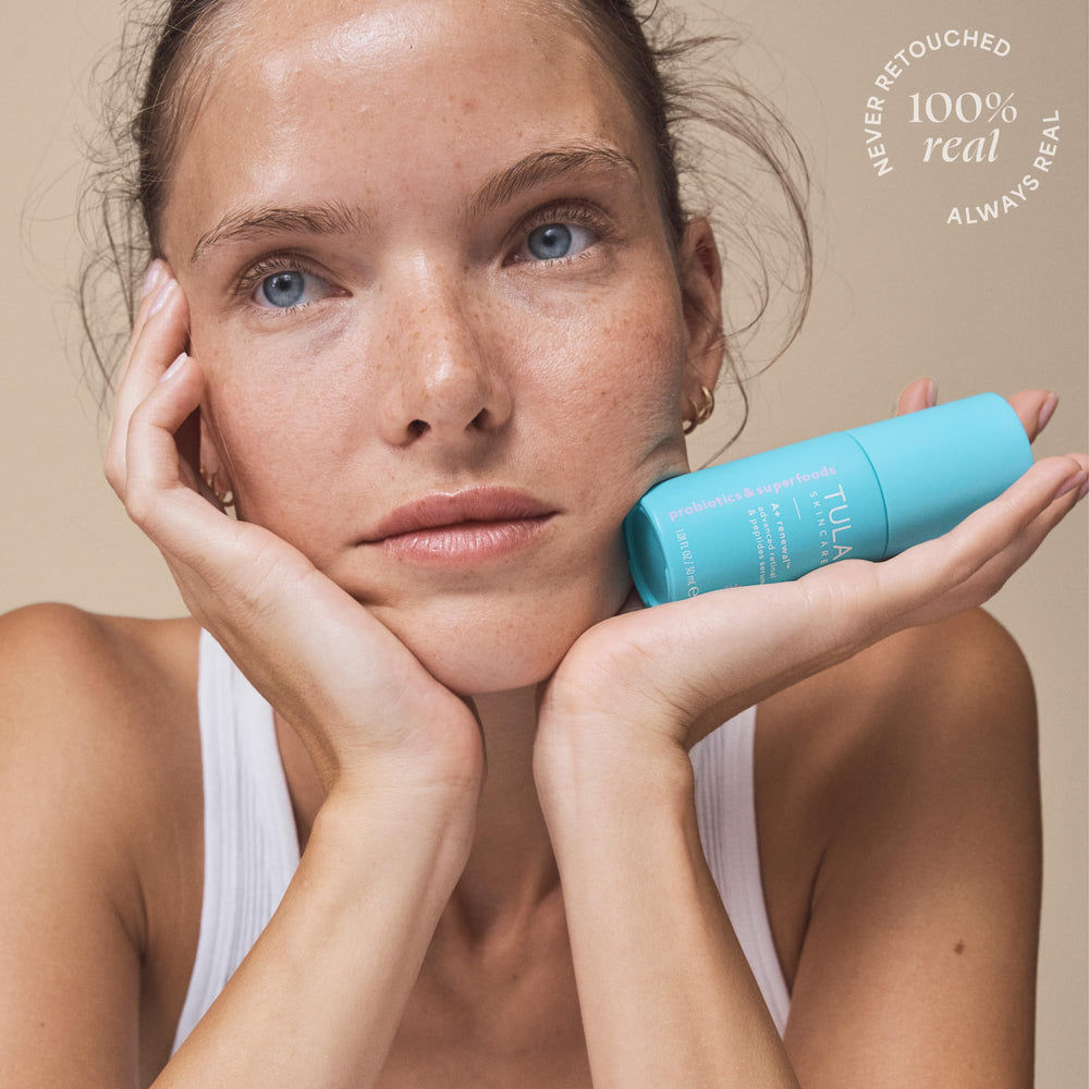 Face and neck prepared for night routine with TULA Serum.