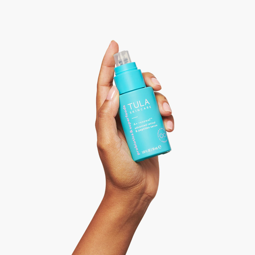Dispensing pump on TULA A+ Renewal Serum for easy nightly use.