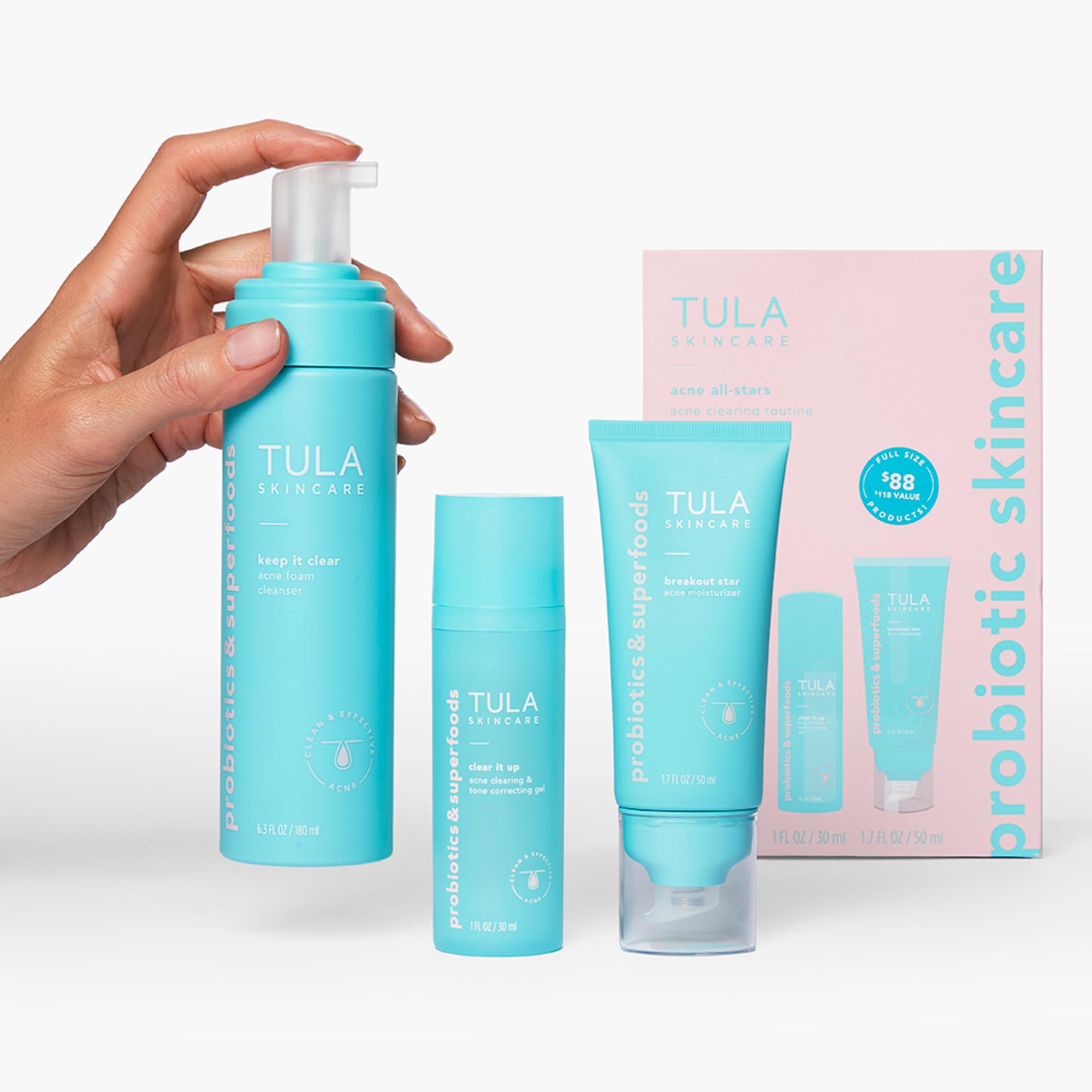 TULA Acne Heroes Level 3 routine display shows the three-step setup.