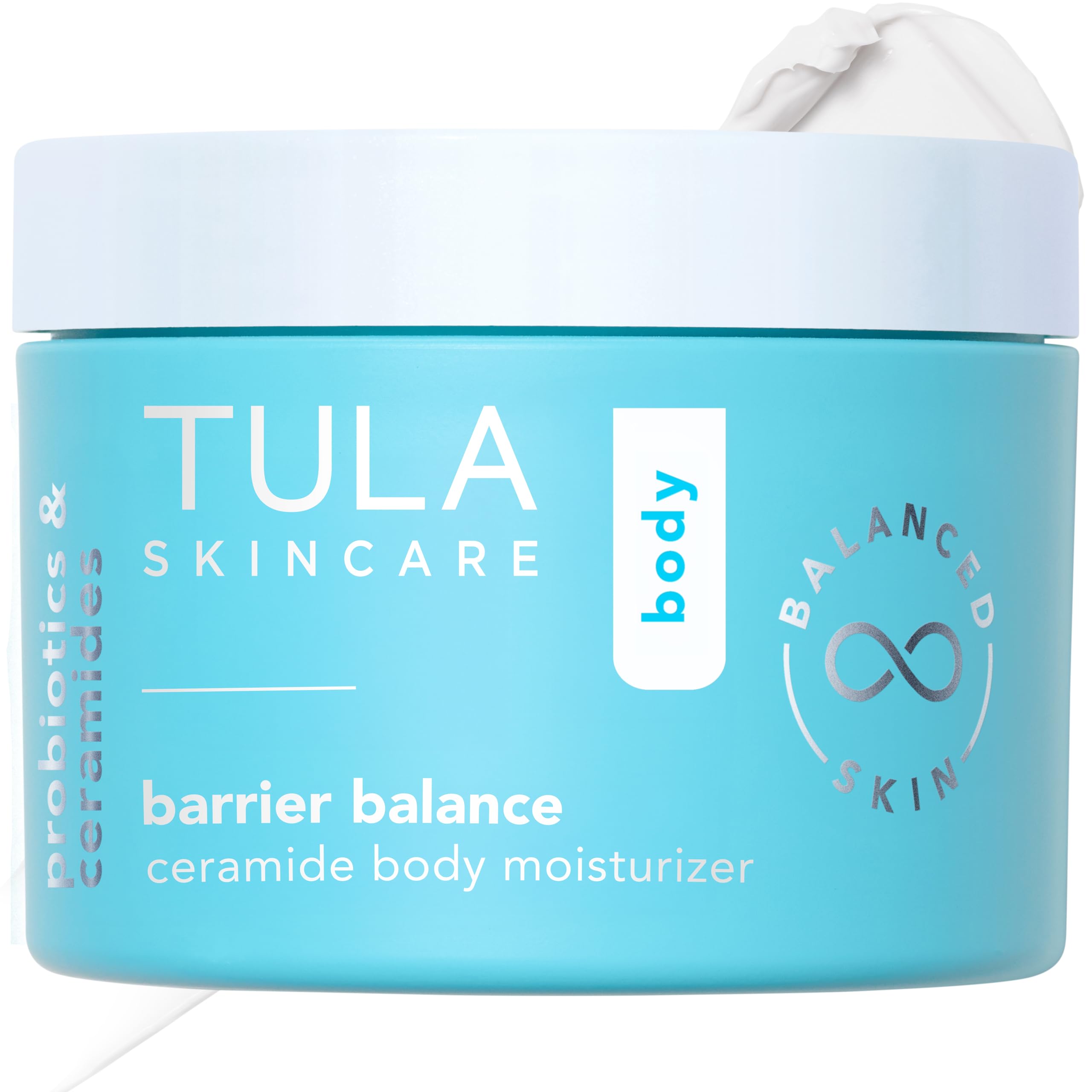 TULA Barrier Balance ceramide body moisturizer bottle shows long-lasting hydration for daily use.