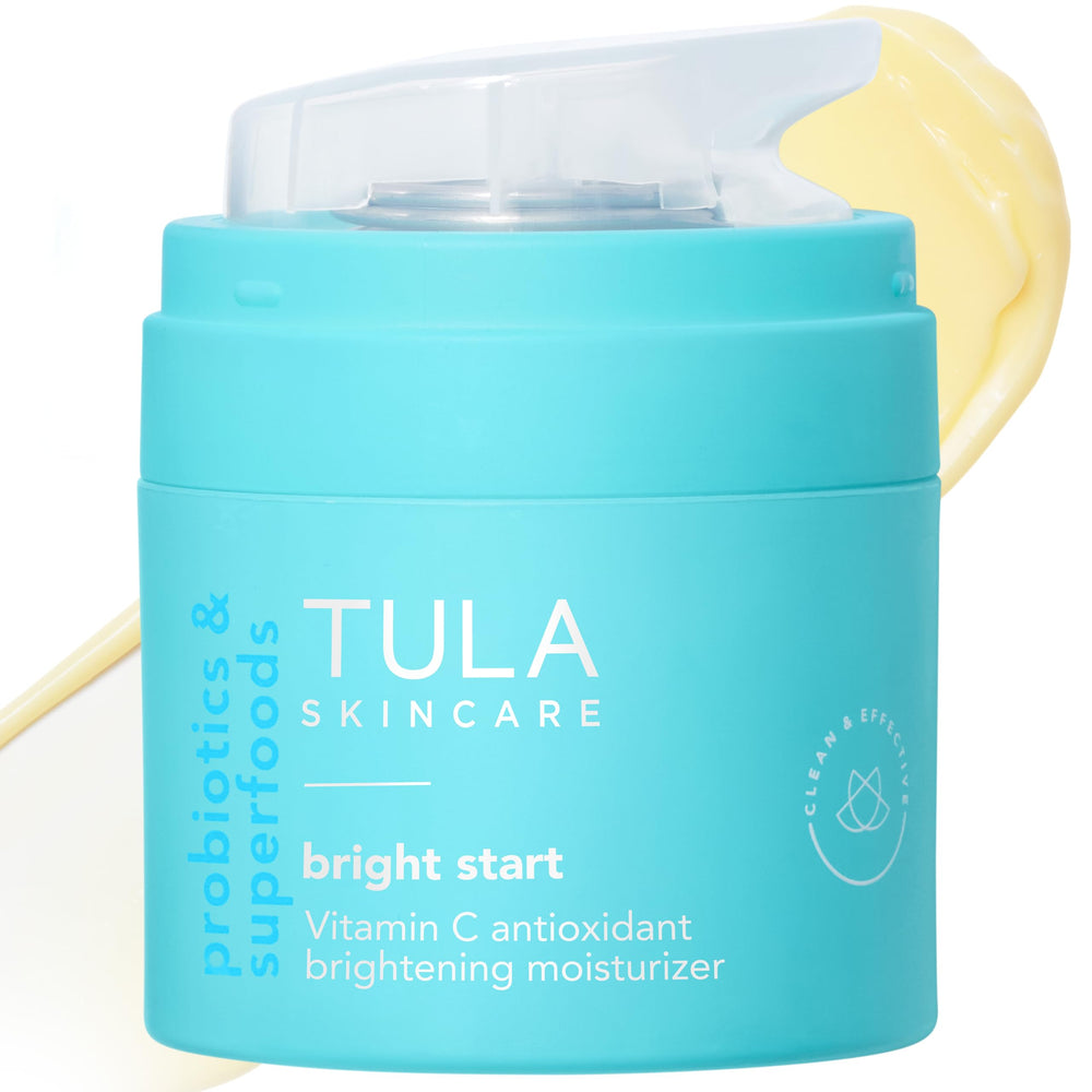TULA Bright Start jar close-up shows a light gel-cream texture for hydration