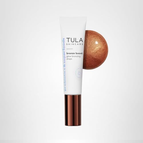 Compact vanity setup featuring TULA Bronze Boost Glow Bronzing Drops.
