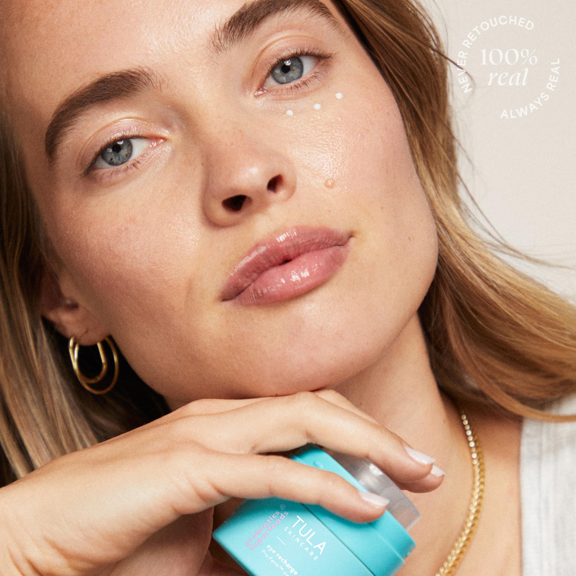 TULA Eye Recharge elasticity appearance closeup suggests smoother under-eye look.