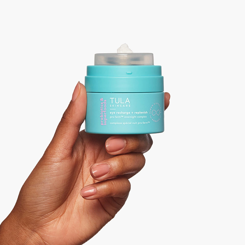 TULA Eye Recharge under-eye application demonstrates targeted, gentle care.