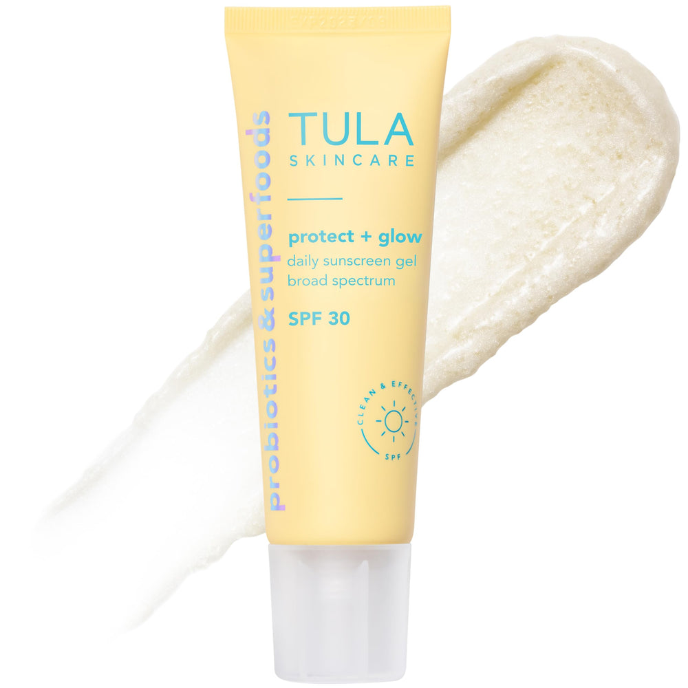 TULA Protect Glow sunscreen bottle showing a gel texture for daily UV defense.