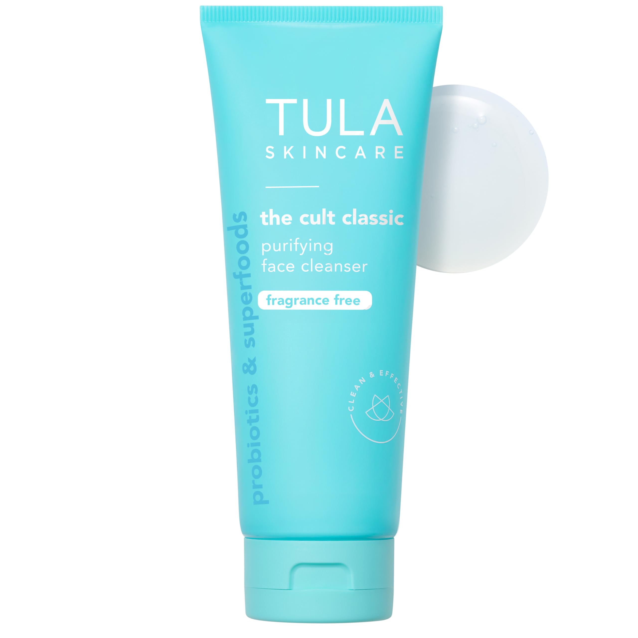 TULA Purifying Face Cleanser bottle pour shows fragrance-free, gentle cleansing.