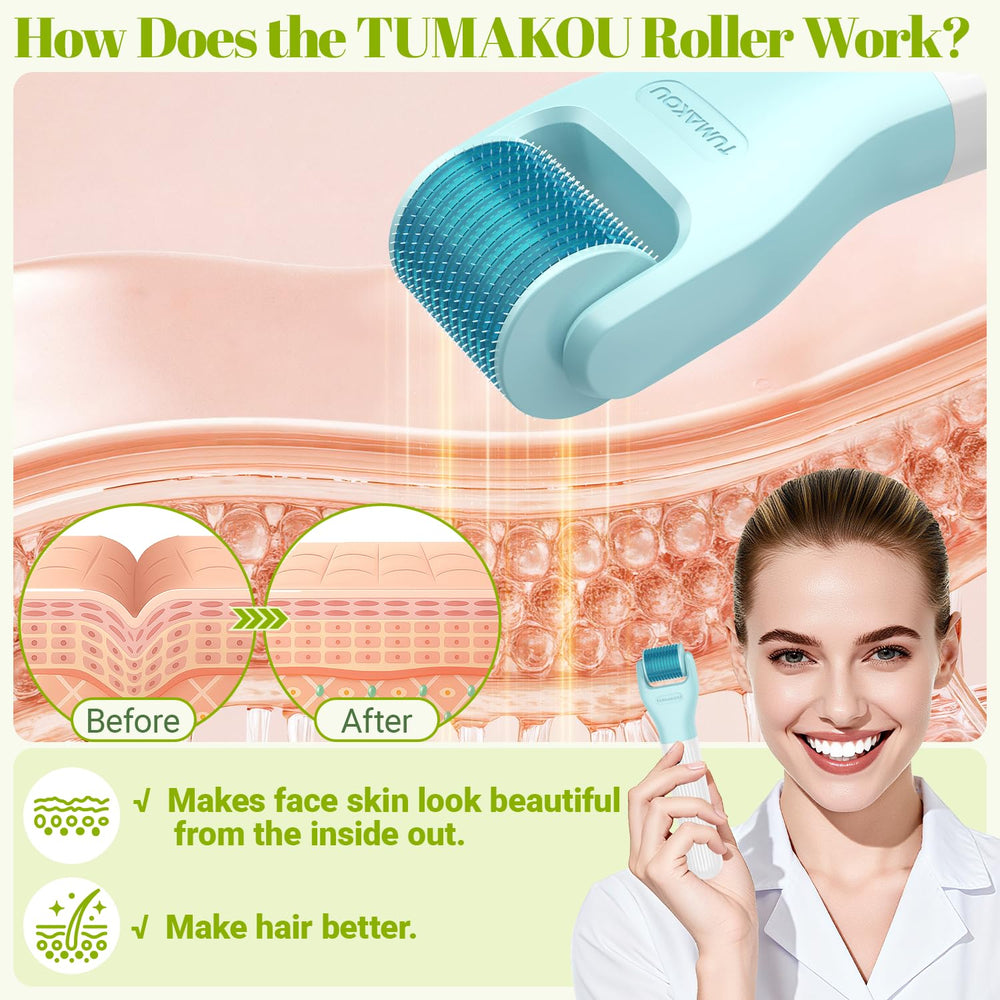 TUMAKOU derma roller with ergonomic handle for comfortable grip during treatments.