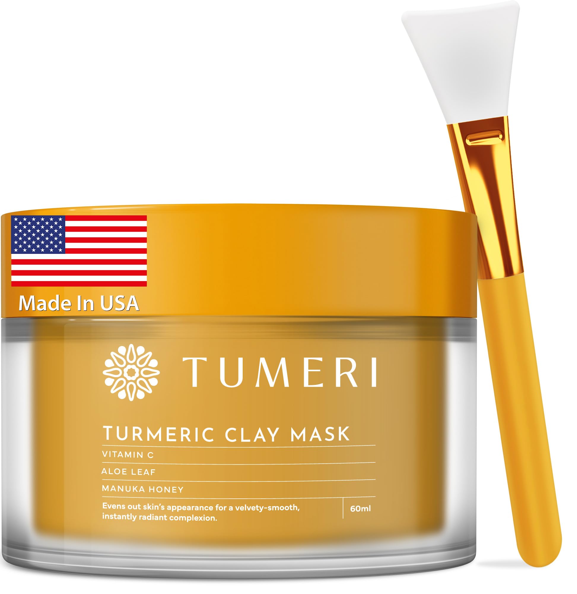 TUMERI Turmeric Vitamin C Clay Mask close-up texture shows a creamy, non-staining formula.
