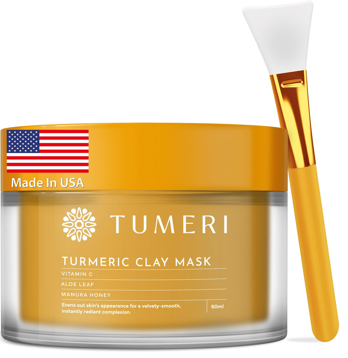 TUMERI Turmeric Vitamin C Clay Mask close-up texture shows a creamy, non-staining formula.