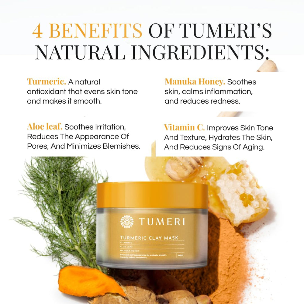 TUMERI Turmeric Vitamin C Clay Mask visuals featuring ginger and honey extract.