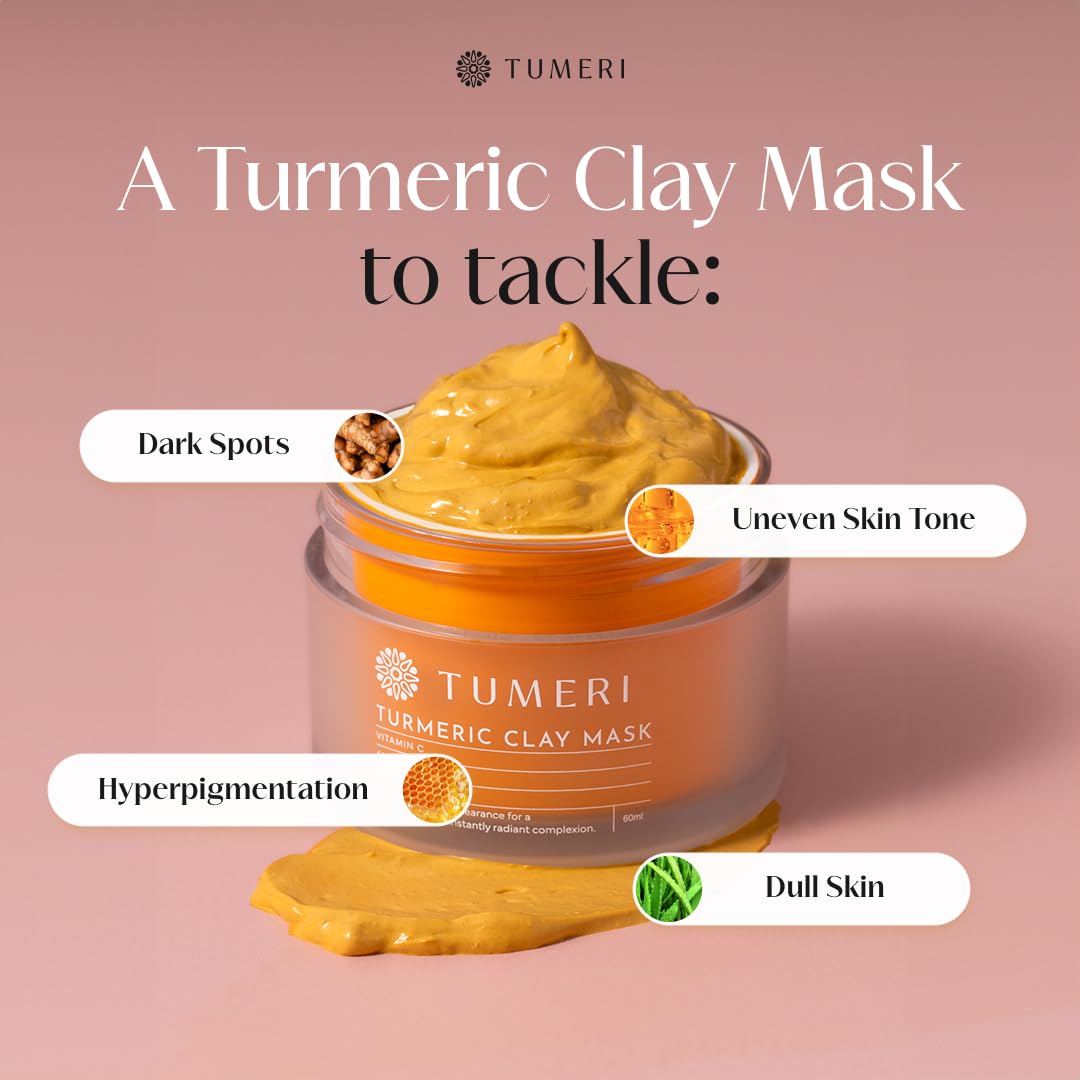 TUMERI Turmeric Vitamin C Clay Mask golden turmeric jar on display.
