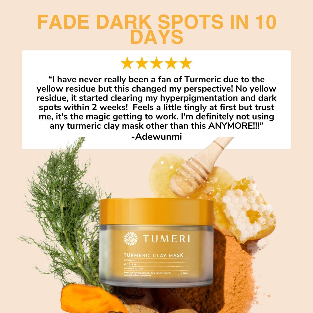 TUMERI Turmeric Vitamin C Clay Mask spread on skin reveals rich, velvety clay texture.