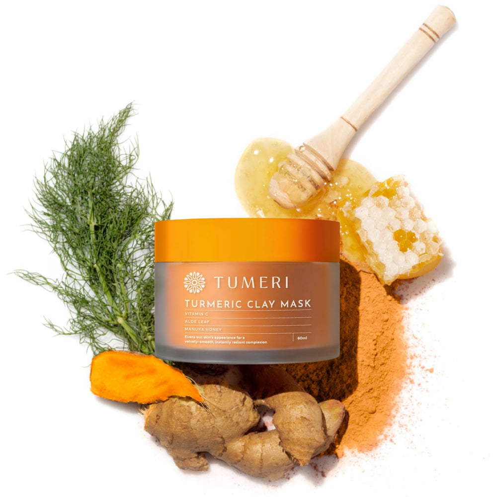 TUMERI Turmeric Vitamin C Clay Mask on uneven skin tone example.