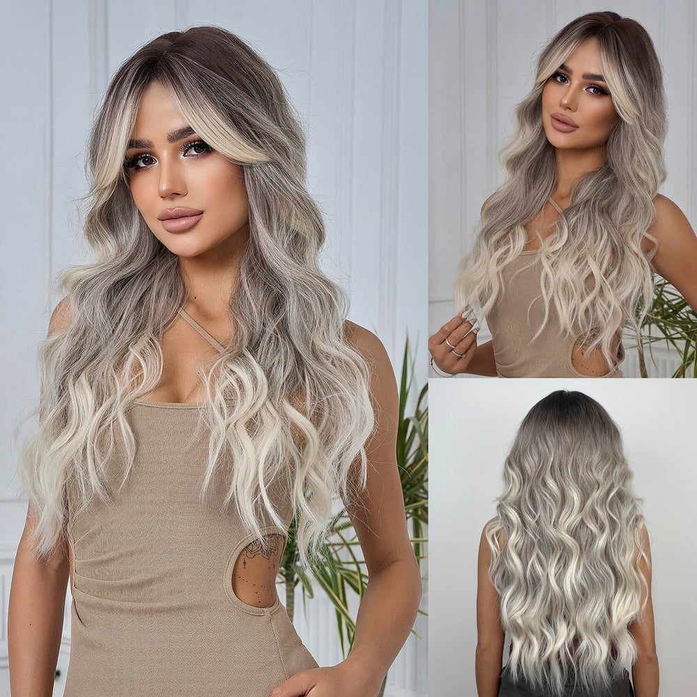 Tumhorn 26-inch ombre grey wavy wig with black root; long, natural-looking style.