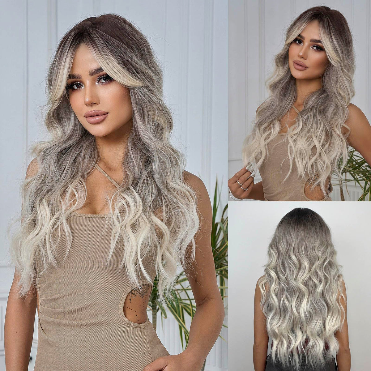 Tumhorn 26-inch ombre grey wavy wig with black root; long, natural-looking style.