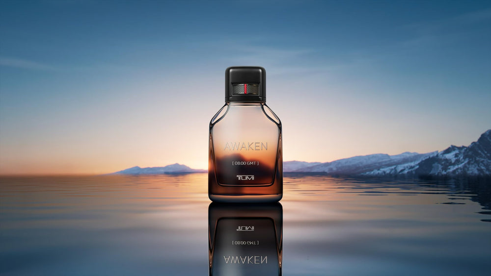 TUMI AWAKEN bottle displayed for morning routine on the go