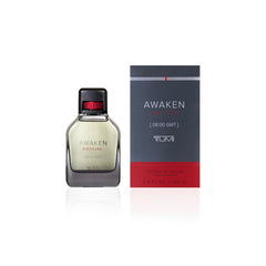 TUMI AWAKEN Distilled bottle front with 08:00 GMT design and woody profile.