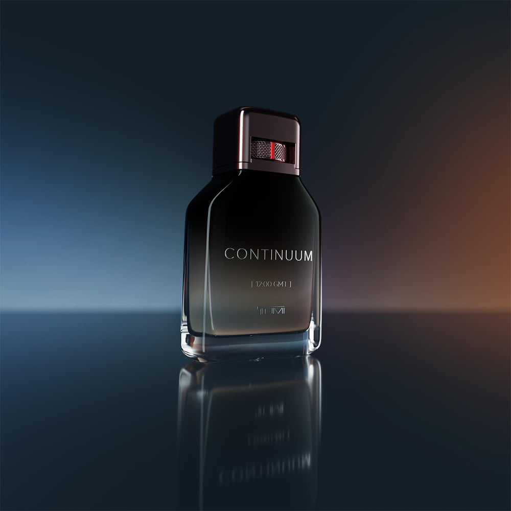 Continuum fragrance bottle display, woody incense blend for refined scent.