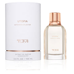 TUMI Utopia Experience Collector bottle from the front, premium travel-inspired fragrance for daily adventures.
