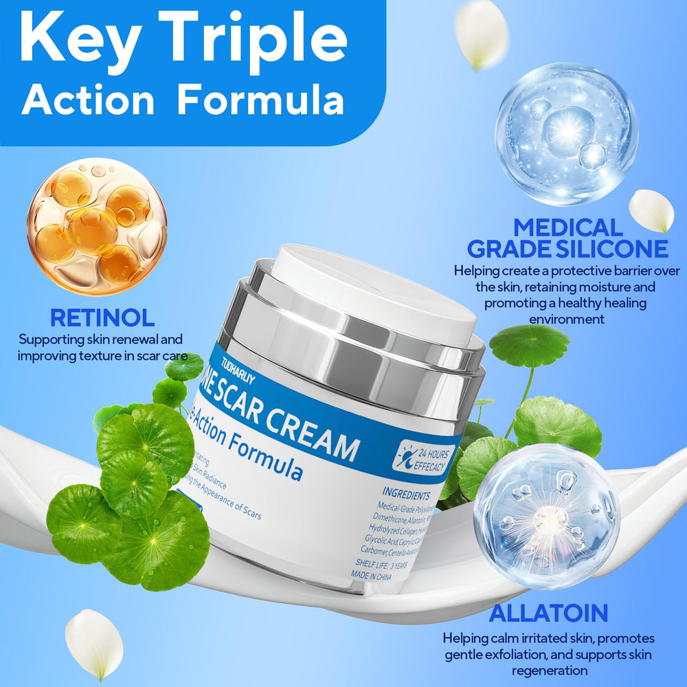 Close-up of Tuoharliy scar cream texture; silicone-based formula hydrates and smooths scars.